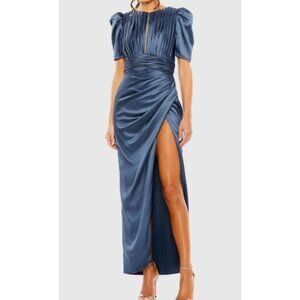 Mac Duggal Navy Satin Puff Sleeve Maxi Dress